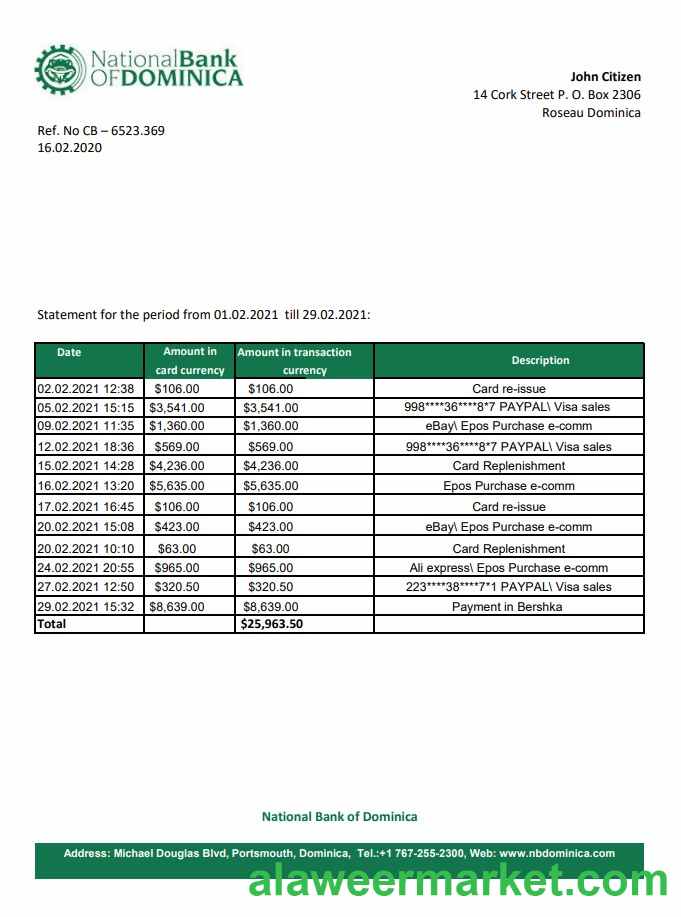 Dominica National Bank of Dominica bank statement easy to fill template in Excel and PDF format